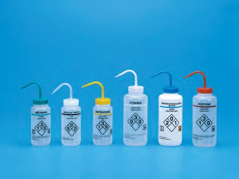 Wide mouth Self-Venting Labeled Wash Bottle, LDPE with PP closure, and draw tube — catalogue illustration