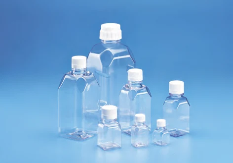 Sterile Square Graduated Media Bottle, PETG  with white HDPE closure — catalogue illustration