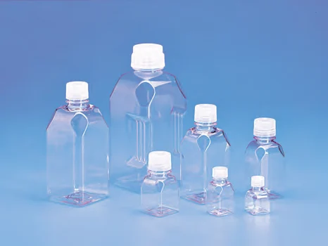 Sterile Individually Packed Square Graduated Media Bottles,  PETG with white HDPE Closure, Single Wrap — catalogue illustration