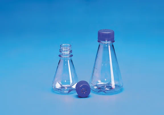 Sterile Erlenmeyer Cell Culture Flask baffled base, PETG with Blue HDPE Vented closure — catalogue illustration